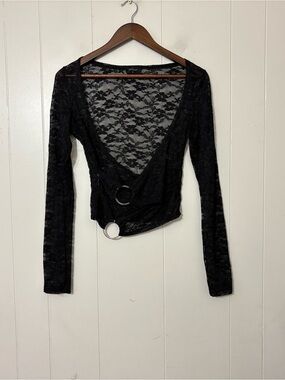 Outcast Black Lace Ring Detail Long Sleeve Crop Top Size M Sheer Y2K Going Out